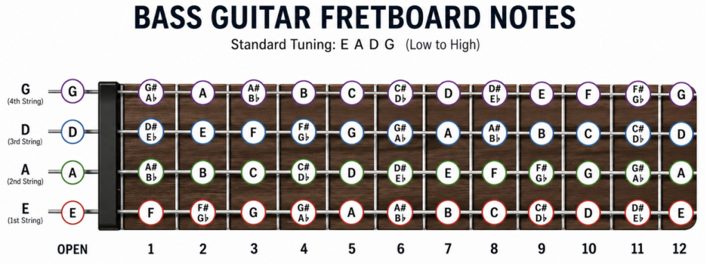 fretboard diagram with notes shown
